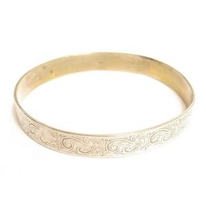 Vintage Ornate Floral Design Bangle Bracelet Silver Plated Hecho in Mexico A834